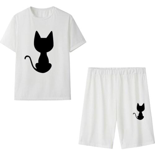 New Two Piece Sets Top Shorts Skinny Fashion Elastic Waist Cute Cat Printing Casual Suits Clothes for Women Conjuntos De Mujer
