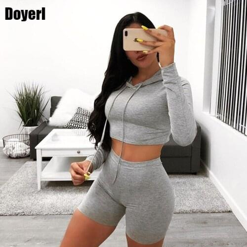 Autumn Casual Tracksuit Women Clothing Long Sleeve Hoddie Crop Top and Biker Shorts Set Sportwear Two Piece Outfits for Women