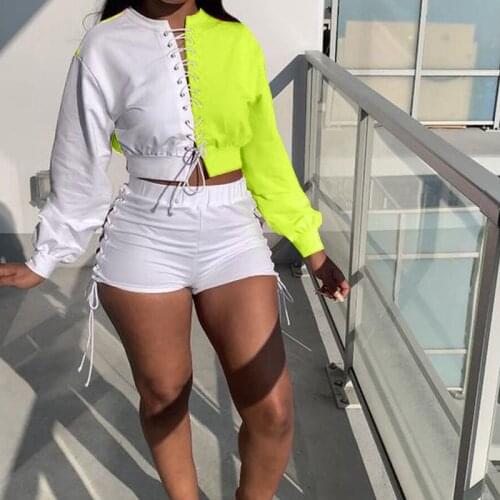 Autumn Streetwear 2 Piece Sets Womens Outfits Bandage Crop Tops Lace Up Bandage Shorts Sets Casual Tracksuit Women Sportwear