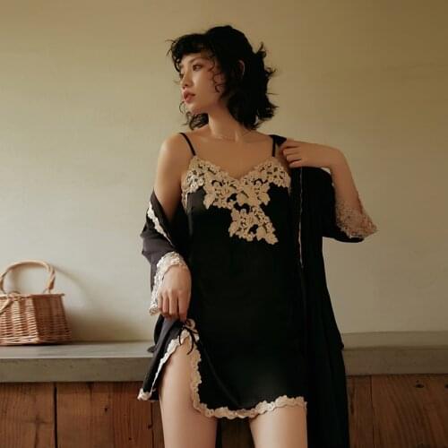 New 2020 Summer Deep V Sexy Split Embroidered Ice Silk Lace Nightgown Nightdress Suit Bathrobe Two-piece Suit