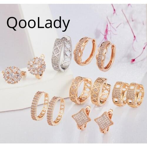 QooLady Shiny Micro Pave Cubic Zirconia Gold Color Cute Round Circle Hoop Earrings for Women Fashion Korean Design Jewelry E249