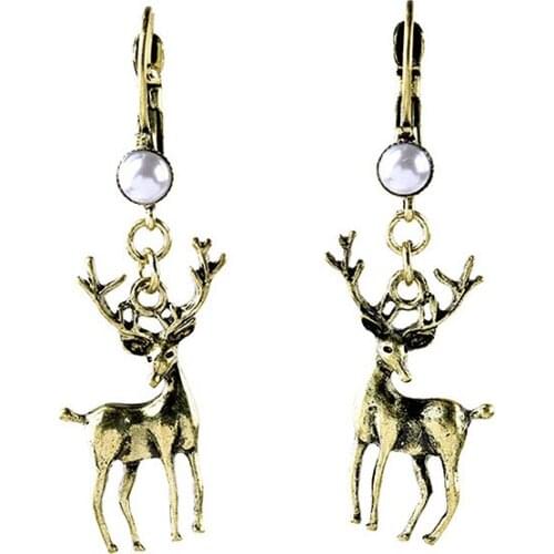 Antique Look 3D Deer Reindeer Stag Forest Animal Bead Dangle Brass Lever Back Earrings for Women Girls Christmas Earring Jewelry