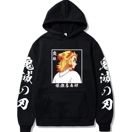 Anime Hoodie Demon Slayer Rengoku Kyoujuro Casual Loose Long Sleeves Pullovers Tops Male and Female