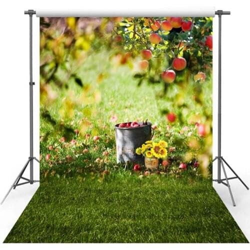 Vinyl Photography Backdrop Spring Season Fruit Tree Sunflower Green Lawn Wildflower Tree Decor Children Background Photo Studio