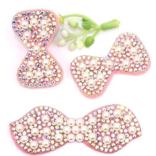 1Pack Rhinestone&Pearl Bowknot Stick-on Patches for Clothing Baby Hairpin Headwear Craft Decor Applique Shoes Bags Accessories