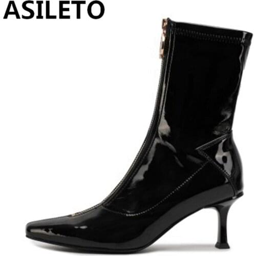 ASILETO 2021 Genuine Leather Women boots stiletto heels Pointed toe Ladies shoes Winter solid color Ankle boots Patent leather