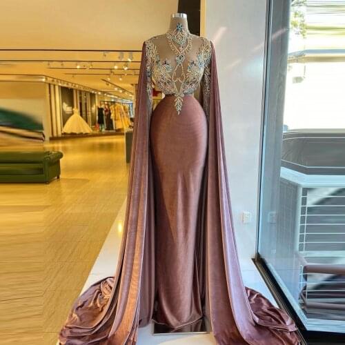 Arabic Style Long Prom Dresses High Neck Colorful Crystals With Train Women Velvet Pageant Evening Dressing Gowns