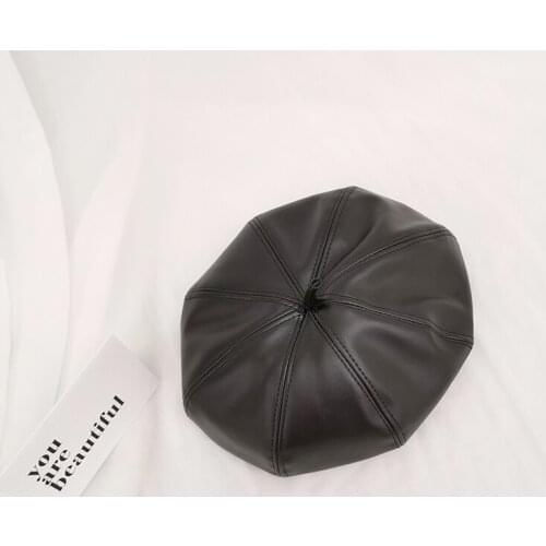 H3548 Pu Leather Black Beret Hat Women Autumn British Retro Cap Japanese Simple Korean High Quality Fashion Casual Simple Hats