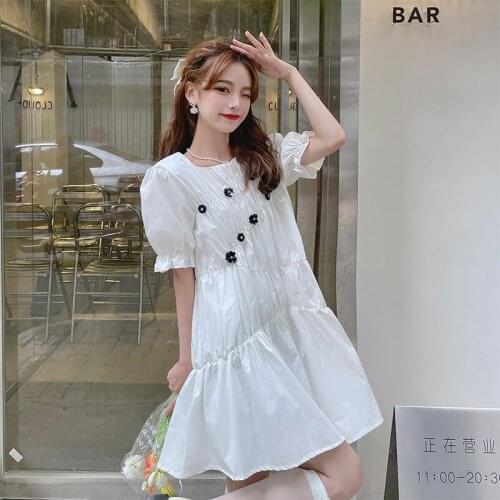 Girl 3D Floral Crystle Stretch Lolita Puff Sleeve Dresses Black White Lady Sweet A-line Loose Dress Summer Korean Fashion Cloth