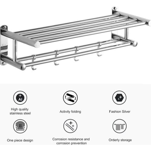 Stainless Steel Bathroom Towel Holder Wall-mounted Towel Rack Bath Towel Clothes Organizer Storage Shelf With 4 Hooks Hot Sale