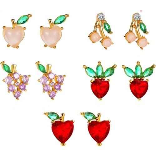2021 Exquisite Crystal Anniversary Gift Zircon Fruit Stud Fashion Accessories Grape Cherry Strawberry Apple Peach Women Earrings