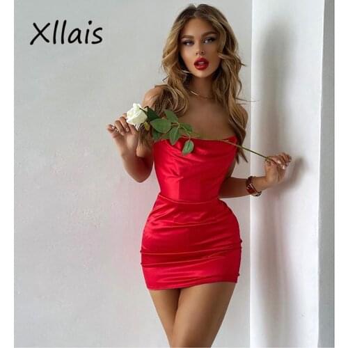 XLLAIS Satin Sexy Women Summer Dress Mini Nigh Club Birthday Wedding Party Red Bodycon Dress Robe Vestidos Chest Wrapping