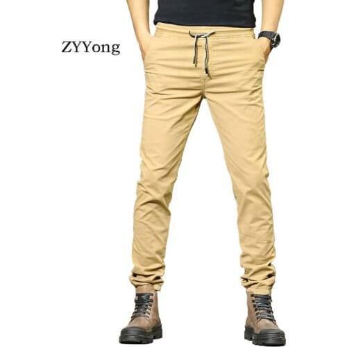 Mens Casual Trousers Cotton Drawstring Beam Feet Slim Elastic Comfortable Straight Pants Solid Color Motion Fashion Overalls