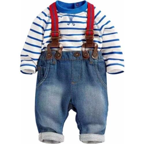 2 Pcs Sets Baby Boys Long Sleeve Striped T-Shirt +Jeans Bib Pants Overall Outfits Newborn Kids Clothes Set BABY clothes