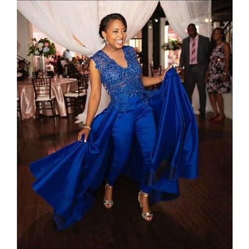 Royal Blue Lace Stain Evening Dresses with Jumpsuit 2021 Beaded Jewel Neck African Black Girls Occasion Prom Pant Suit