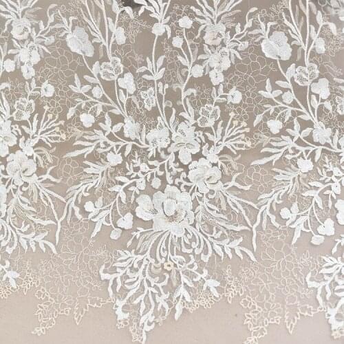 Plum Blossom Sequins Embroidered Lace Fabric Wedding Dress Handmade DIY Material High-grade Dress Cloth Width 130cm 1meter