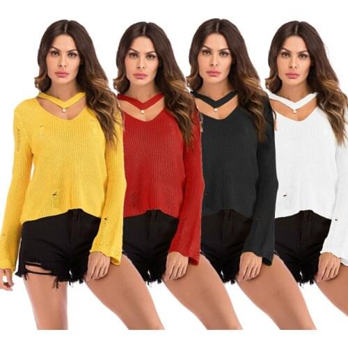 Fashion contracted V neck hollow hanging neck jumper womens sweater 2021 new winter womens long sleeve sweater sweater jumper