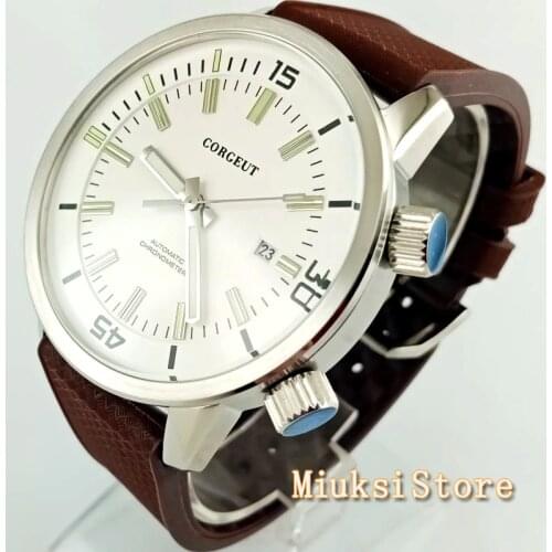 Mens top brand Corgeut 45mm mineral crystal date rubber strap seagull automatic movement mens sport mechanical watches