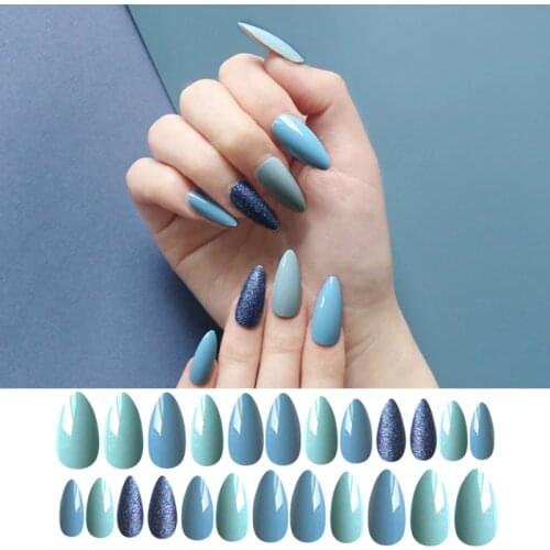 False Nail Tips Art Decorations Tools Fake Nails kit Full Cover Set Manicure UV Gel Polish with sticker 24 pcs Blue Glitter