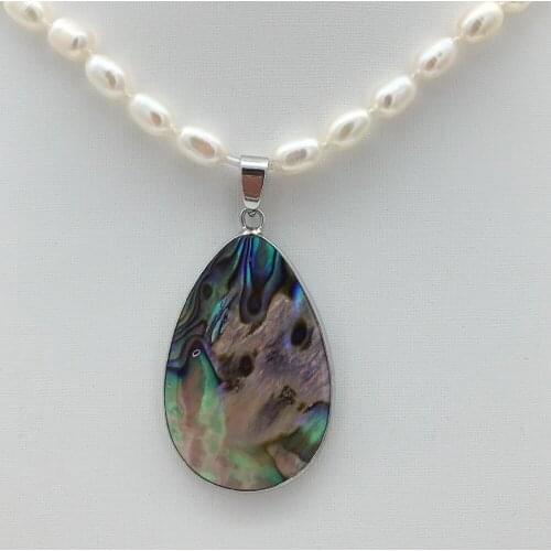 New natural freshwater pearl necklace 5-7NN Abalone shell pendant 26X50MM 925 sterling silver clasp