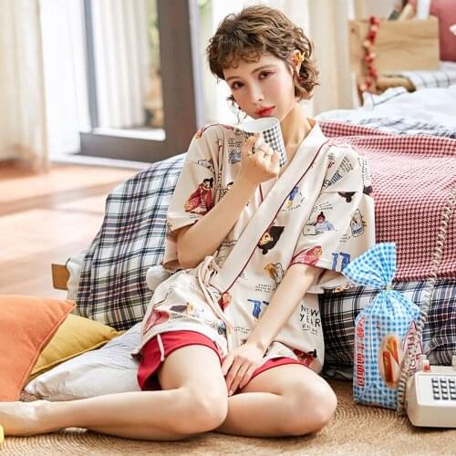 Summer Pajamas Womens Cotton Thin Short Sleeve Suit Lovely Cardigan Loose Homewear Set