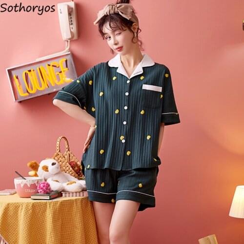 Pajama Sets Women Short Sleeve Carton Printed Lovely Polka Dot Elastic Waist Ruffles Loose Casual Cozy Trendy Simple Sleepwear