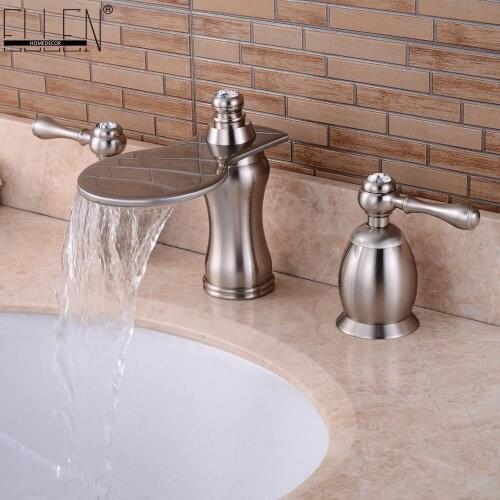 Vidric Bathroom Basin Sink Faucets Widespread Water Mixer Tap Brushed Nickel Dual Handle Three Hole Waterfall Faucet ELS402