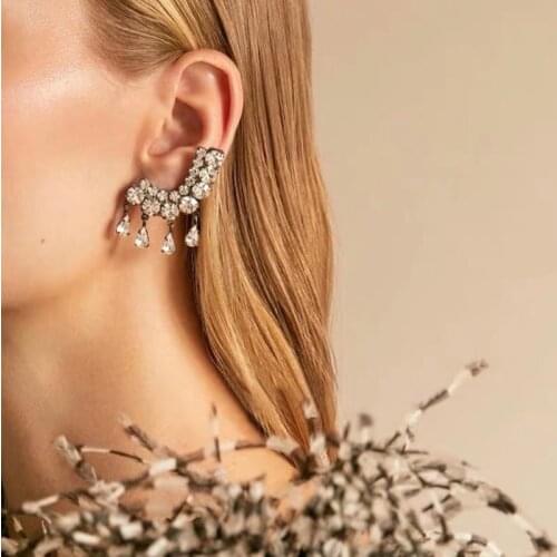 TIMEONLY Temperament Arc-shaped Waterdrop Crystal Clip Earring Bling Bling Rhinestones Luxury Charm Jewelry for Women Earrings