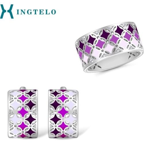 XINGTELO 925 Sterling Silver Bridal Jewelry Set Hollow Ring Earrings Colorful Enamel Geometric Jewelry Girls Party Accessories