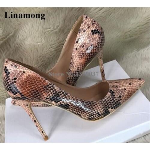 Brand Design Women Fashion Pointed Toe Snake Leather Thin Heel Pumps 12cm Slip-on Patchwork Colors High Heels Dress Shoes