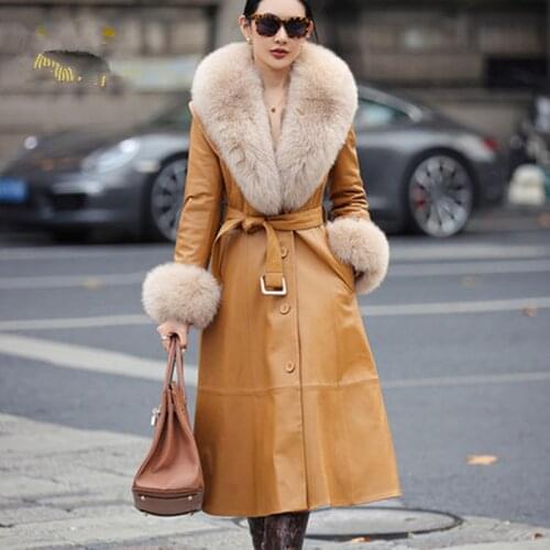 2021 Winter New High Quality Big Fox Fur Collar Sheepskin Coat Womens Long Leather Down Jacket Large Size