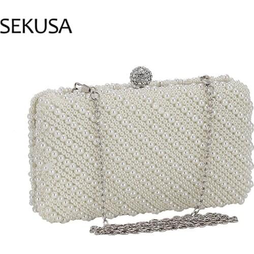 Womens Luxury White Clutch Bag Wedding Party Purse Fashion Evening Mini Ladies Pearl Chain Handbag Designer Style New Coins