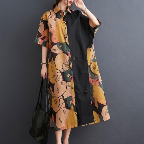 2021 Summer New Print Splice Dress Women Large Size Cotton Maid Dress Robe Female Vintage Korean One Piece Sundress Shirts Dress