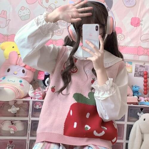 Japanese Kawaii Knitting Lolita Sweater Women Cute Sleeveless Strawberry Printing Knitted Pullover Vest Autumn Pink Students Top