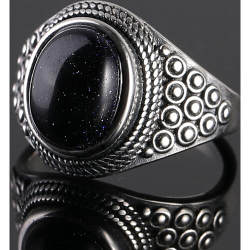 Punk Oval Blue Sandstone Rings For Women S925 Sterling Silver Gemstone Sandstone Jewelry For Women Party Birthday Gift Daily