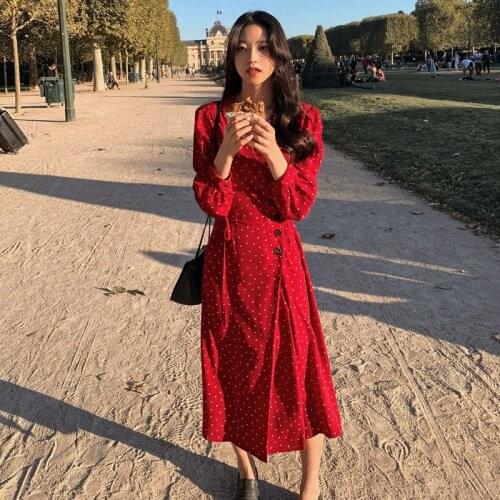 2020 New Year Date Dresses Women Fashion Long Sleeve Elegant Female Red Blue Point Polka Dot V-neck Shirt Summer Dress vestidos