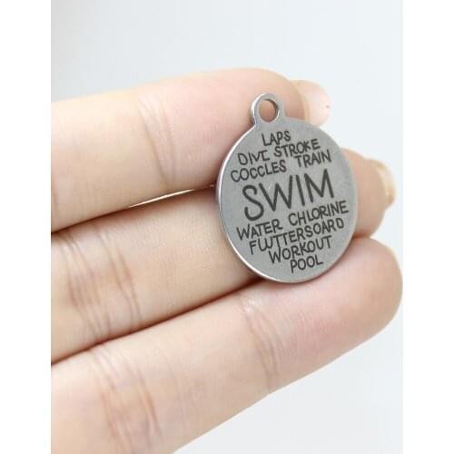 8pcs-- Stainless Steel Laser Engraved 22mm Swim World Disc Message Charm Pendant For Necklace Diy Jewelry Making