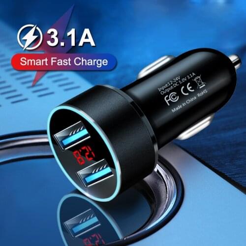 3.1A Aluminum Mini Fast Charger Dual USB QC3.0 Car Phone Charger With LED Display Universal Phone Charger for iPhone Samsung
