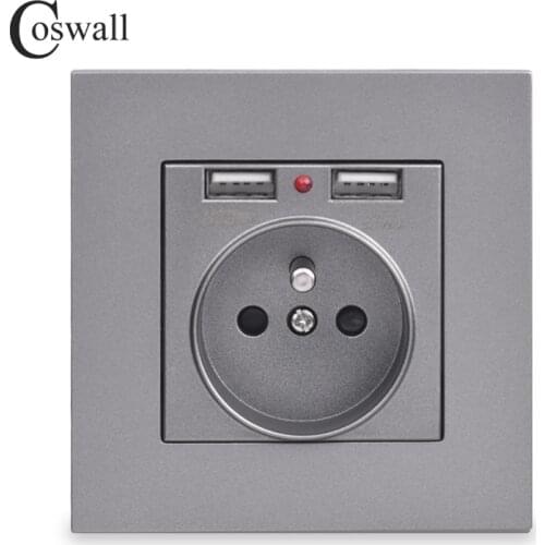 Coswall Dual USB Charging Port 5V 2.1A LED Indicator 16A Wall French Power Socket Outlet PC Panel Grey Black White Gold 4 Colors
