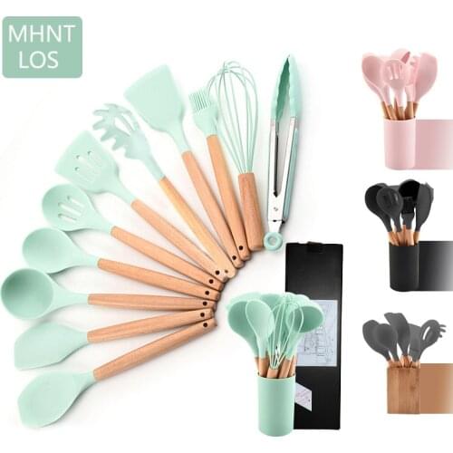 MHNTLOS Wooden Silicone Kitchen Utensils Non-stick Cookware Cooking Tools Spoon Soup Spoon Turner Spatula Tongs Cookware Baking