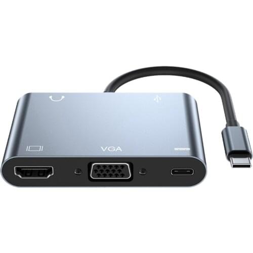 USB C Hub 5-In-1 Docking Station Hub Adapter Type-C to HDMI-Compatible +VGA+AV+USB3.0+PD Video Multi Ports Adapter