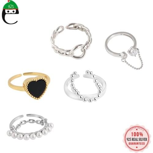 ElfoPlataSi Real S925 Sterling Silver Fashion Heart Double-deck Chain Opening Ring For Women Wedding Party Fine Jewelry DD1227