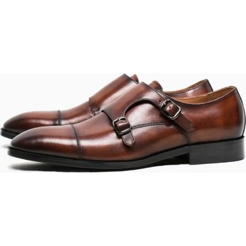 Italian Handmade Formal Buckle Wedding Mens shoes Slip on Monk shoes Genuine Leather Square toes Fashion business Shoes Men