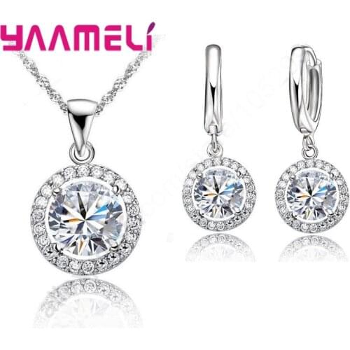 Classic Women Wedding Engagement Jewelry Set 925 Sterling Silver Shining Austrian Crystal Zircon Necklace Earring Bijoux
