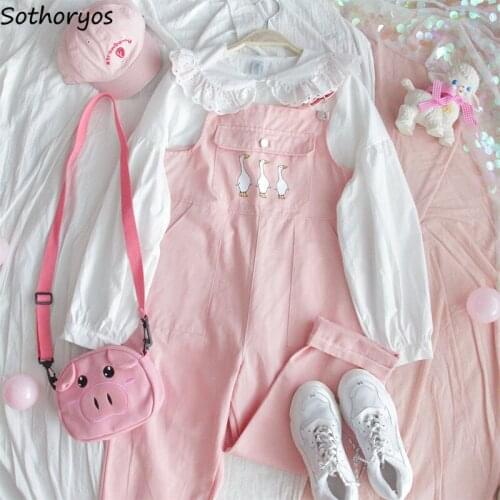 Jumpsuits Women Summer Printed Loose Harajuku Kawaii Straps Pockets 4 Colors Sweet Students Girl Chic Ankle-length Simple Womens