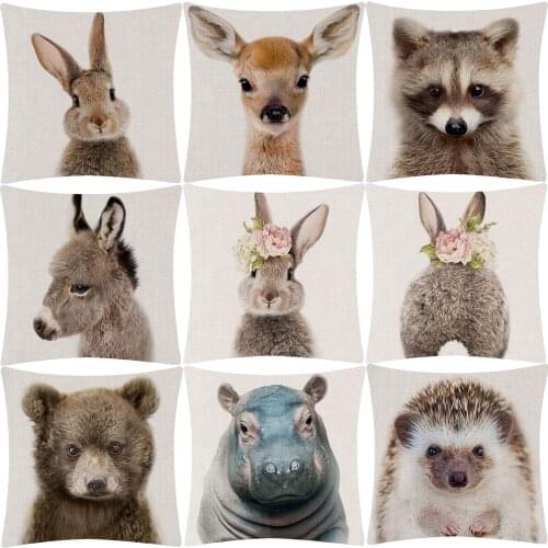 Bunny Donkey Fox Deer Hedgehog Bear Cock Duck Hippo Baby Animals Cushion Cover Beige Linen Pillow Case Sofa Decoration