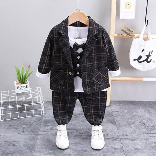 Spring Children Baby Clothes Kids Boys Plaid Coat Long Sleeve Pants 3Pcs/Sets Toddler Fashion Cotton Clothing Infant Tracksuits