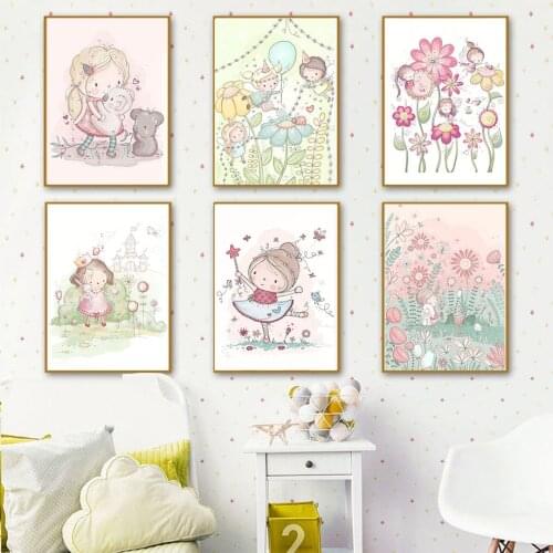 Cartoon Fairy Princess Flower Koala Castle Wall Art Canvas Painting Nordic Posters And Prints Wall Pictures Girl Kids Room Decor