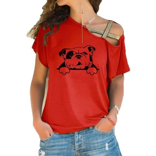 New English Bulldog T Shirt Women Cotton Short Sleeve Girls Tshirt Pet Dog Bulldog T-shirt Irregular Skew Cross Bandage Tee