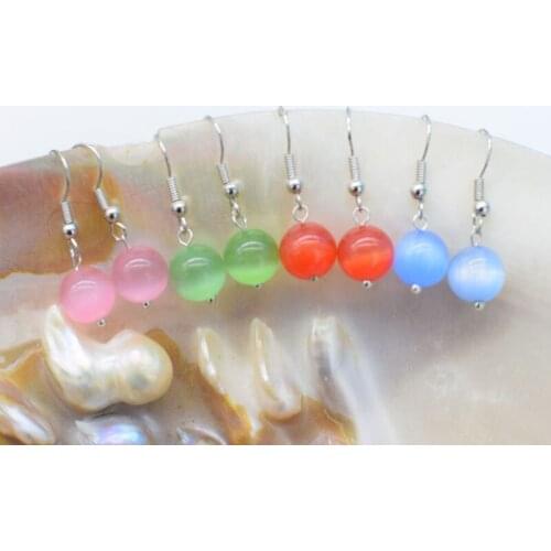 One pair cateye agate red pink green blue round 10mm hook earrings FPPJ wholesale beads nature